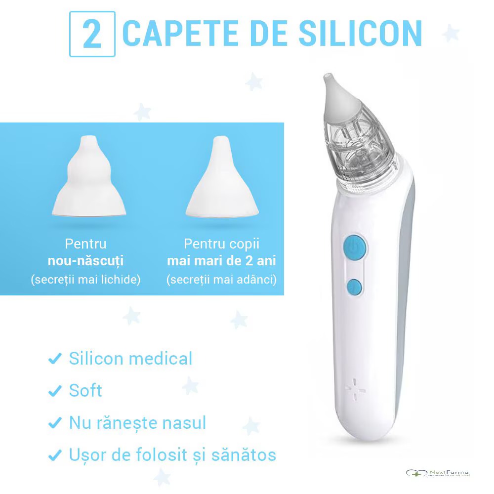 Aspirator nazal electric pentru bebelusi si copii, 2 trepte de aspirare, Portabil, 2 capete de silicon