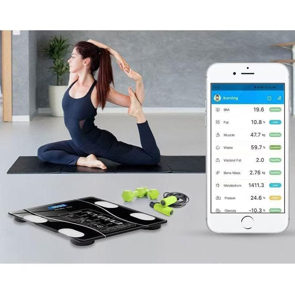 Cantar Electronic Cu Aplicatie Smart, Ecran Digital Iluminat, Termometru, Suporta Maxim 180 Kg, Baterii, Negru
