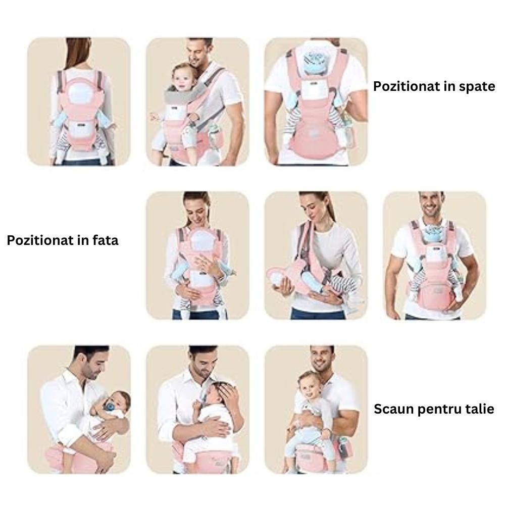 Marsupiu Ergonomic Nextfarma®, Port-bebe multifunctional, 0-36 Luni, Bumbac, 12 Pozitii, Roz