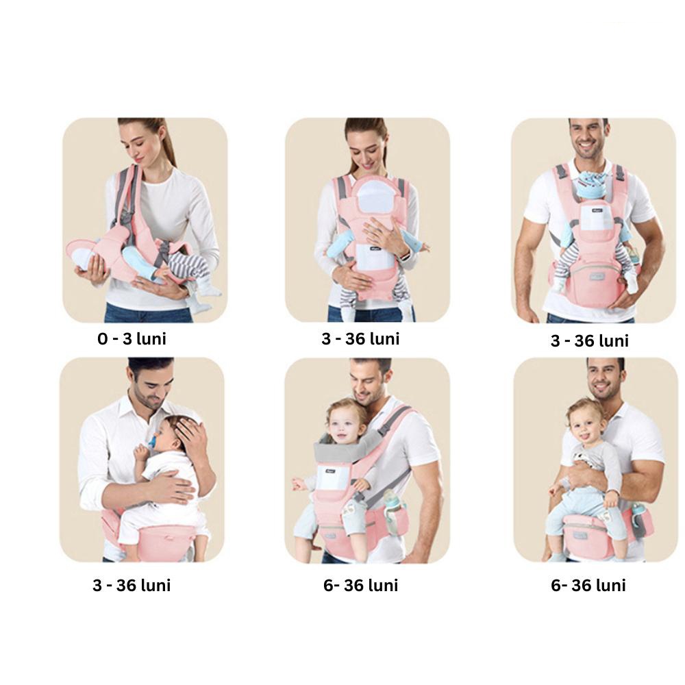 Marsupiu Ergonomic Nextfarma®, Port-bebe multifunctional, 0-36 Luni, Bumbac, 12 Pozitii, Roz