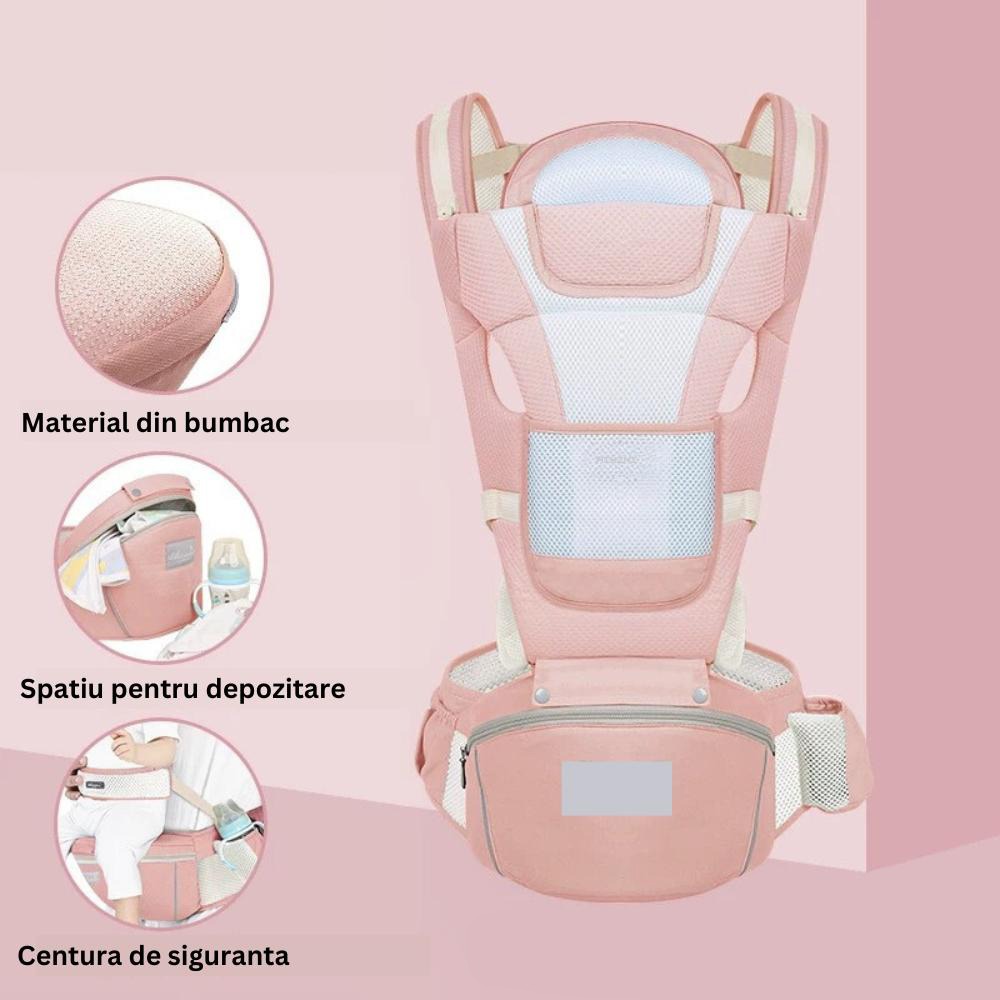 Marsupiu Ergonomic Nextfarma®, Port-bebe multifunctional, 0-36 Luni, Bumbac, 12 Pozitii, Roz