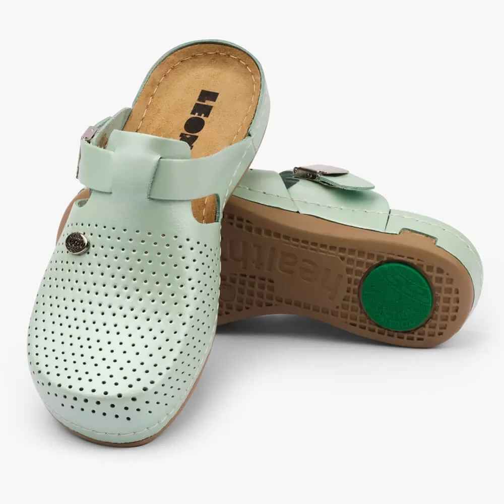 Saboti medicali, de dama, din piele, verde menta, Leon EXTRA