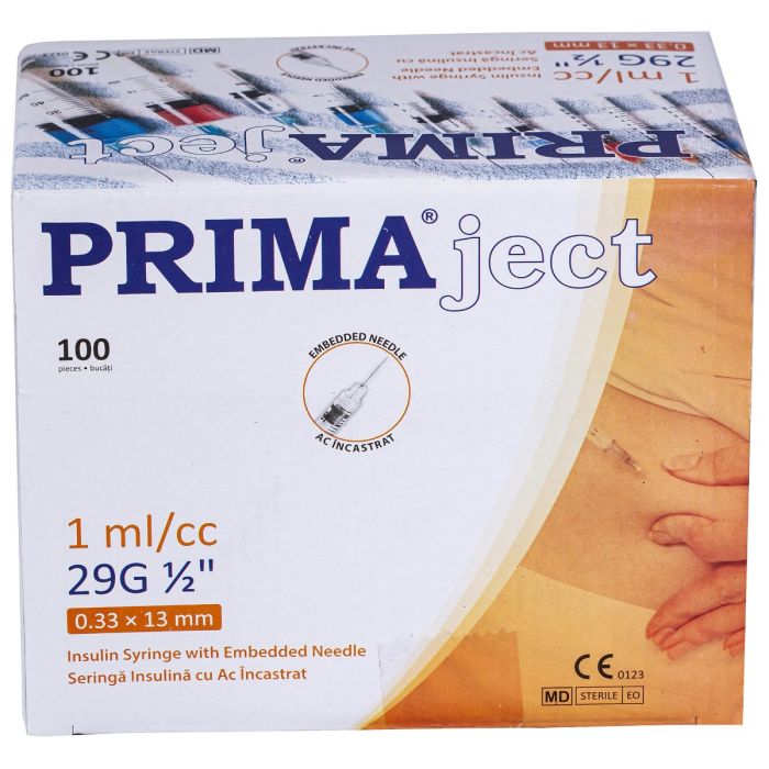 Seringi pentru insulina PRIMA, ac incastrat 29G, 1 ml, 100 bucati