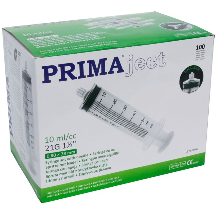 Seringi Luer Lock 10ml, PRIMA, cu ac 21G, 100 bucati