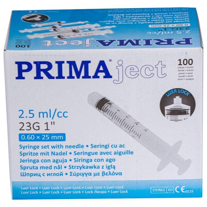 Seringi Luer Lock 2/2.5ml, PRIMA, cu ac 23G, 100 bucati
