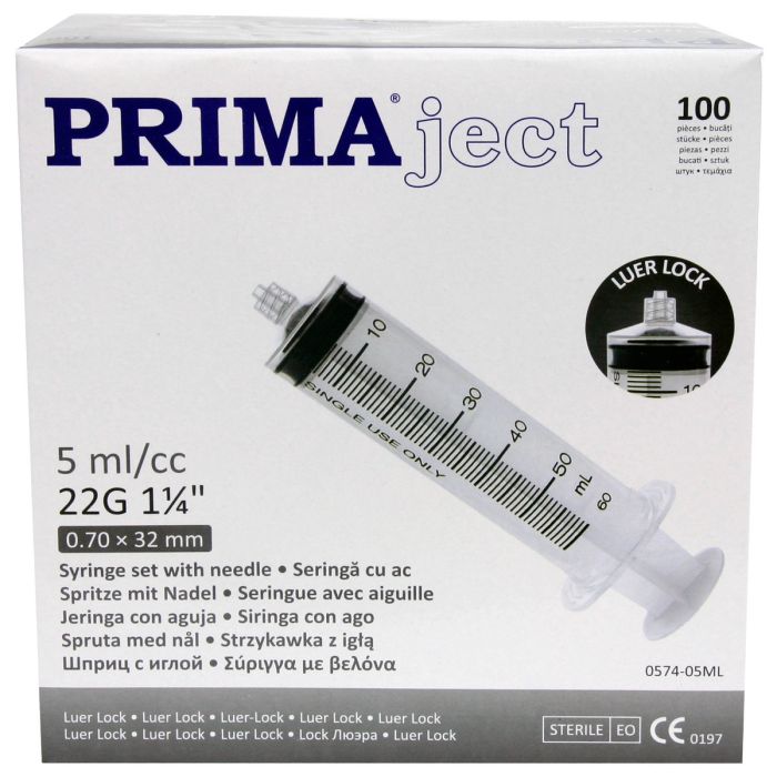 Seringi Luer Lock 5ml, PRIMA, cu ac 22G, 100 bucati