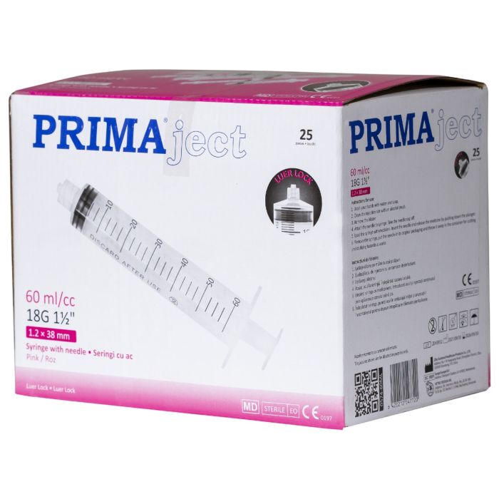 Seringi Luer Lock 60ml, PRIMA, cu ac 18G, 25 bucati