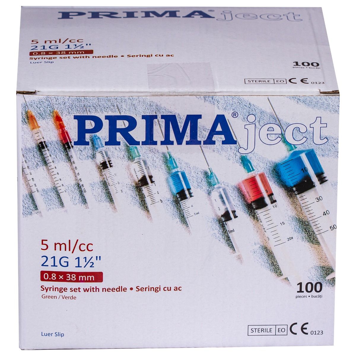 Seringi Luer Slip 5ml, PRIMA, cu ac verde, 100 bucati
