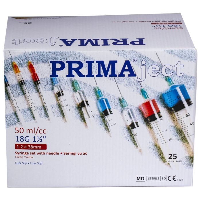 Seringi Luer Slip 50/60ml, PRIMA, cu ac roz, 25 bucati