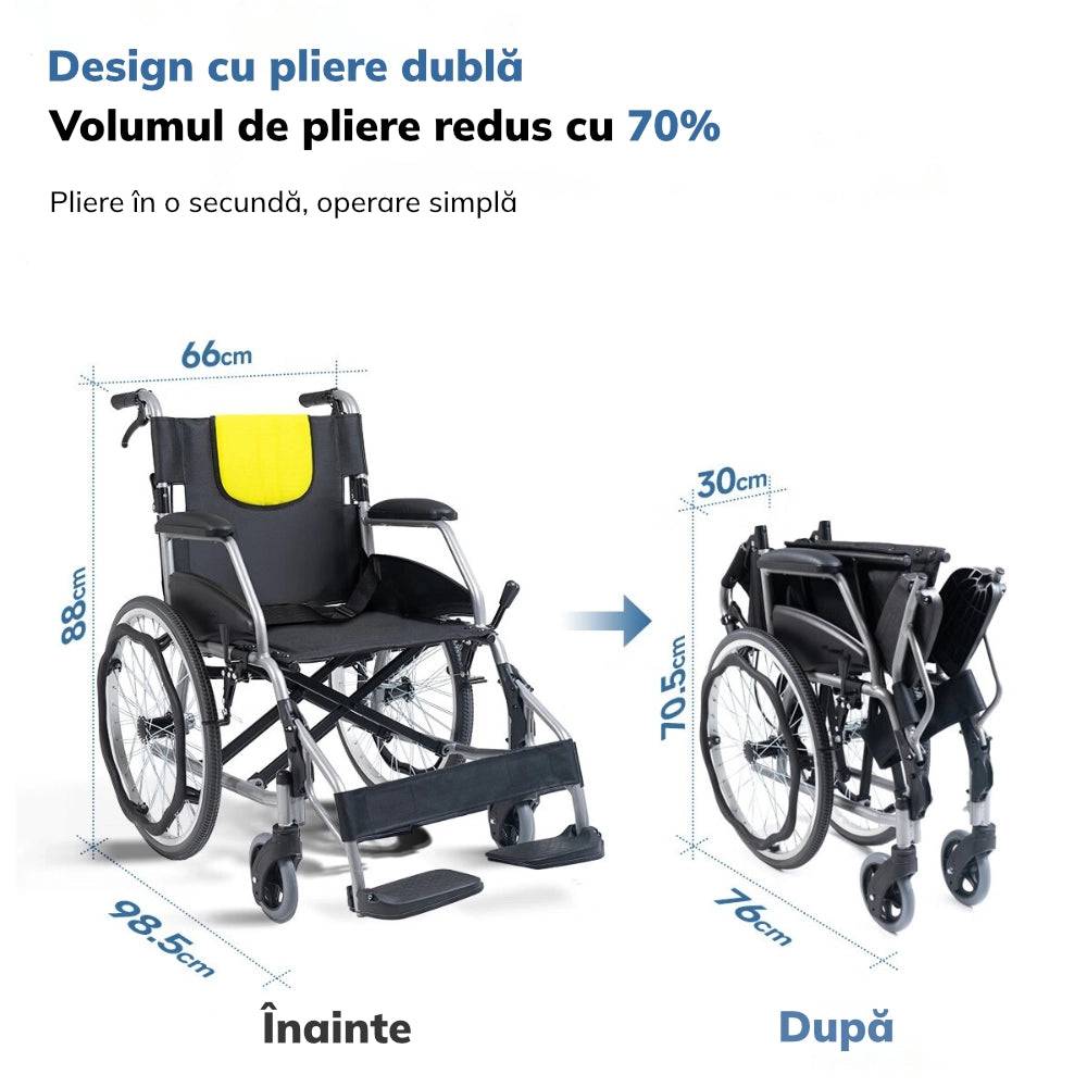 Scaun cu rotile compact, pliabil, cu frana la maner