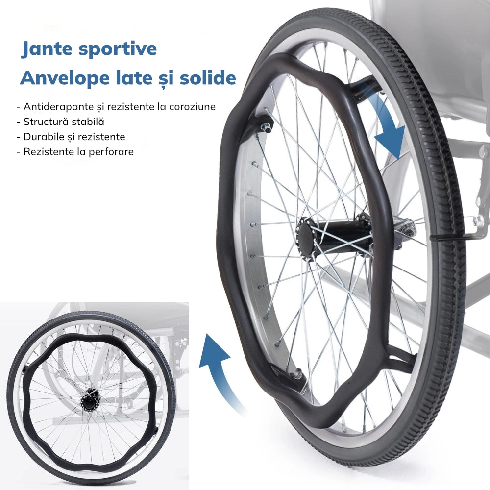 Scaun cu rotile compact, pliabil, cu frana la maner