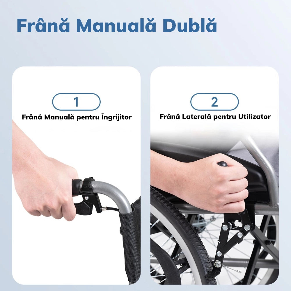 Scaun cu rotile compact, pliabil, cu frana la maner