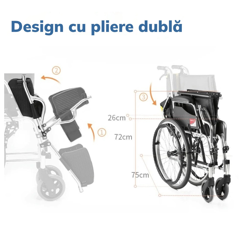 Scaun cu rotile compact, pliabil, cu frana la maner