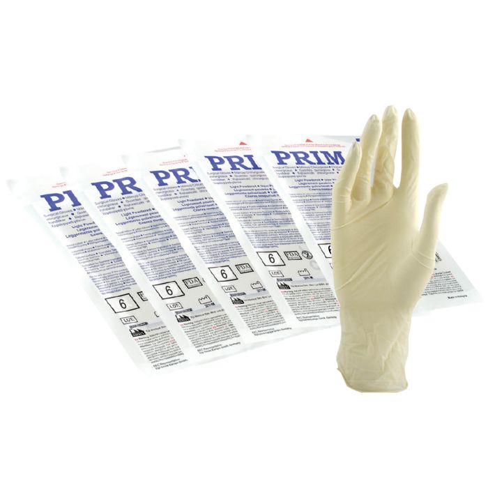 Manusi chirurgicale albe din latex, sterile, usor pudrate, PRIMA, diverse marimi, 1 pereche
