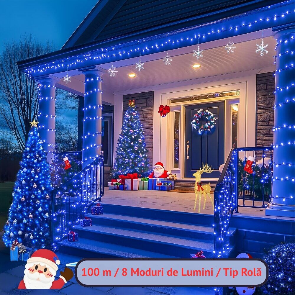 Instalatie De Craciun, Lungime 100 m, 480 LED-uri, Interior/Exterior, 8 Moduri De Lumini, Alimentare Priza 220V, Bec Diamant