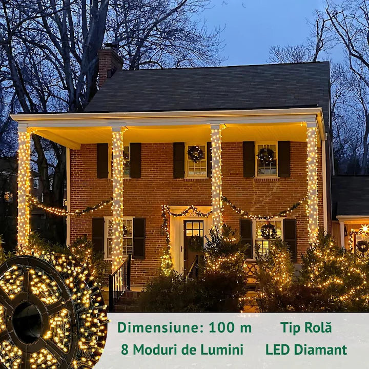 Instalatie De Craciun, Lungime 100 m, 480 LED-uri, Interior/Exterior, 8 Moduri De Lumini, Alimentare Priza 220V, Bec Diamant