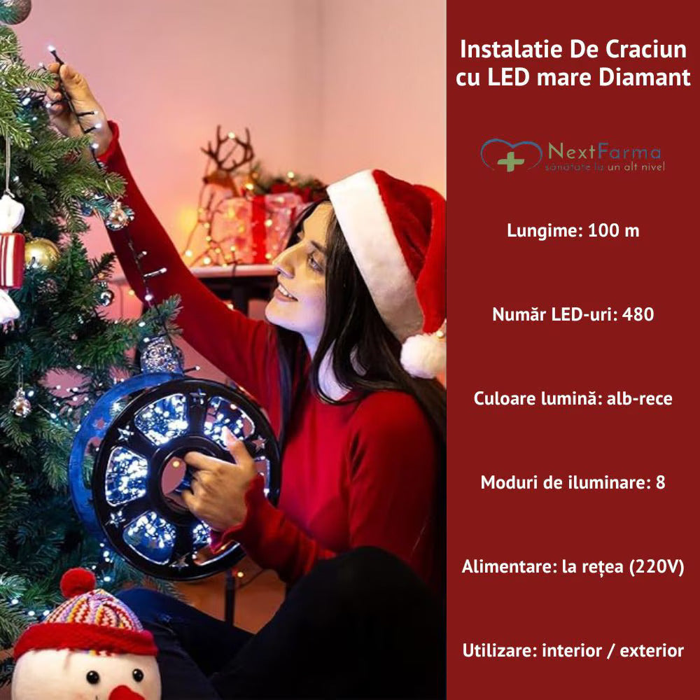 Instalatie De Craciun, Lungime 100 m, 480 LED-uri, Interior/Exterior, 8 Moduri De Lumini, Alimentare Priza 220V, Bec Diamant