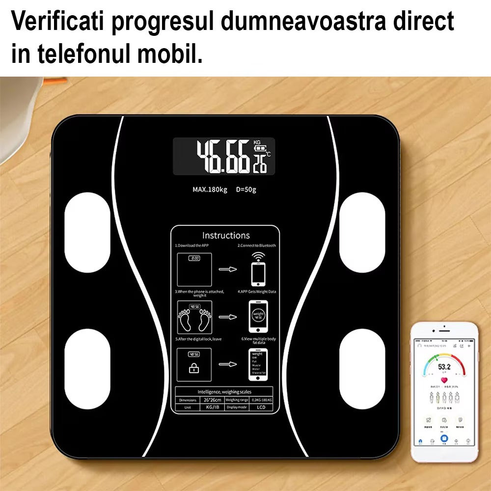Cantar Electronic Cu Aplicatie Smart, Ecran Digital Iluminat, Termometru, Suporta Maxim 180 Kg, Baterii, Negru