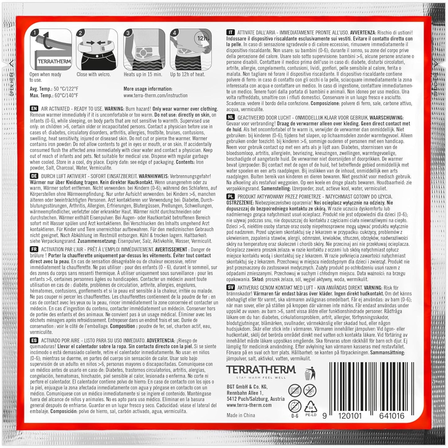 Terratherm Centură Termică Încălzitoare – 12 Ore de Căldură – Mărime S–XL – Activată la Aer – Ingrediente 100% Naturale
