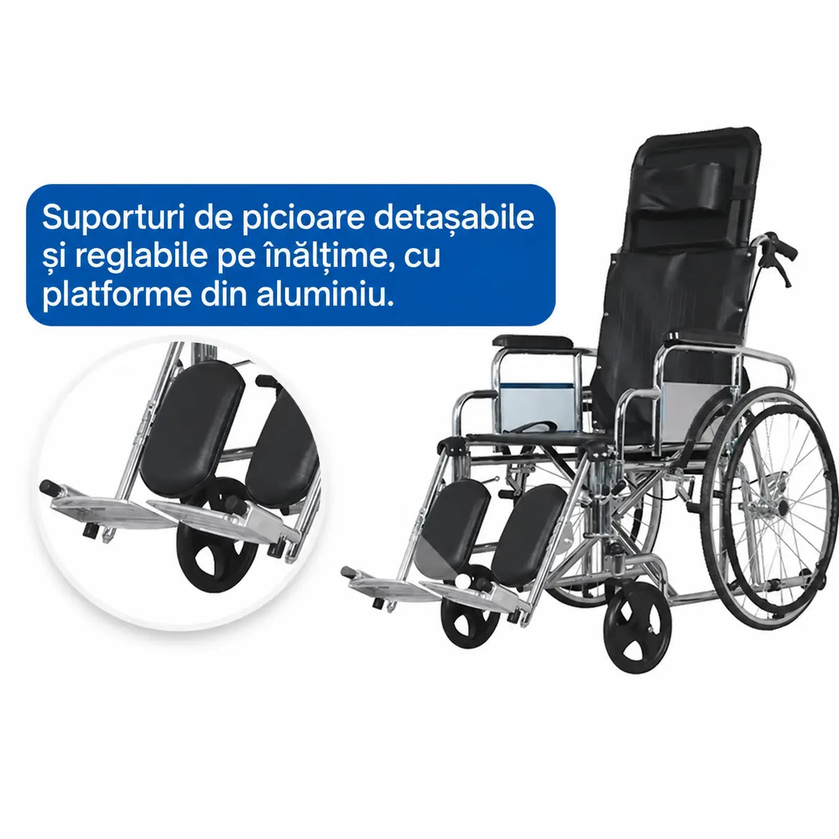 Fotoliu rulant pliabil pentru transport pacienți, spătar reglabil la 180°, 100 kg, KY903GC-46