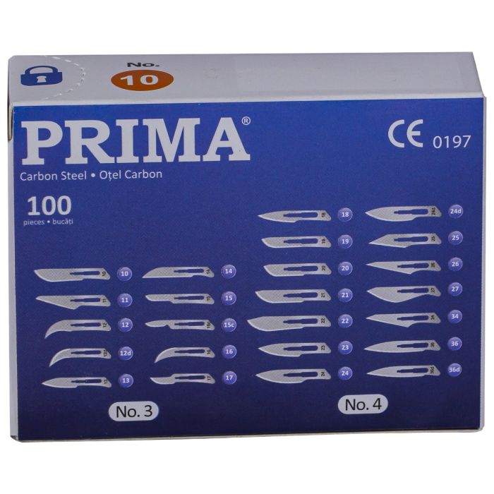 Lame bisturiu sterile din otel-carbon, PRIMA, de unica folosinta, diverse marimi, 100 bucati