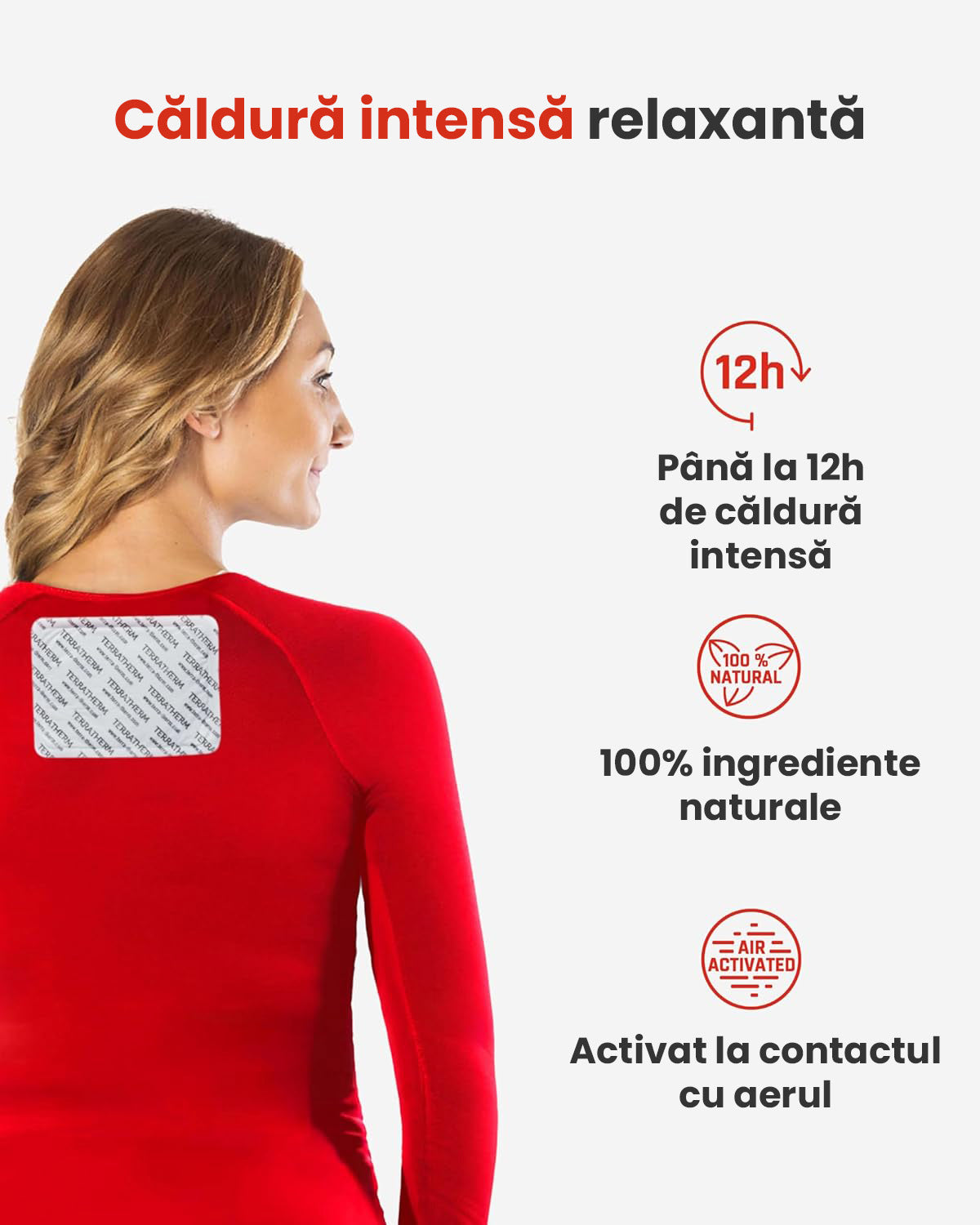 Terratherm Plasturi Termici pentru Spate, Gât și Umeri – 12 ore de căldură – plasturi activați la aer